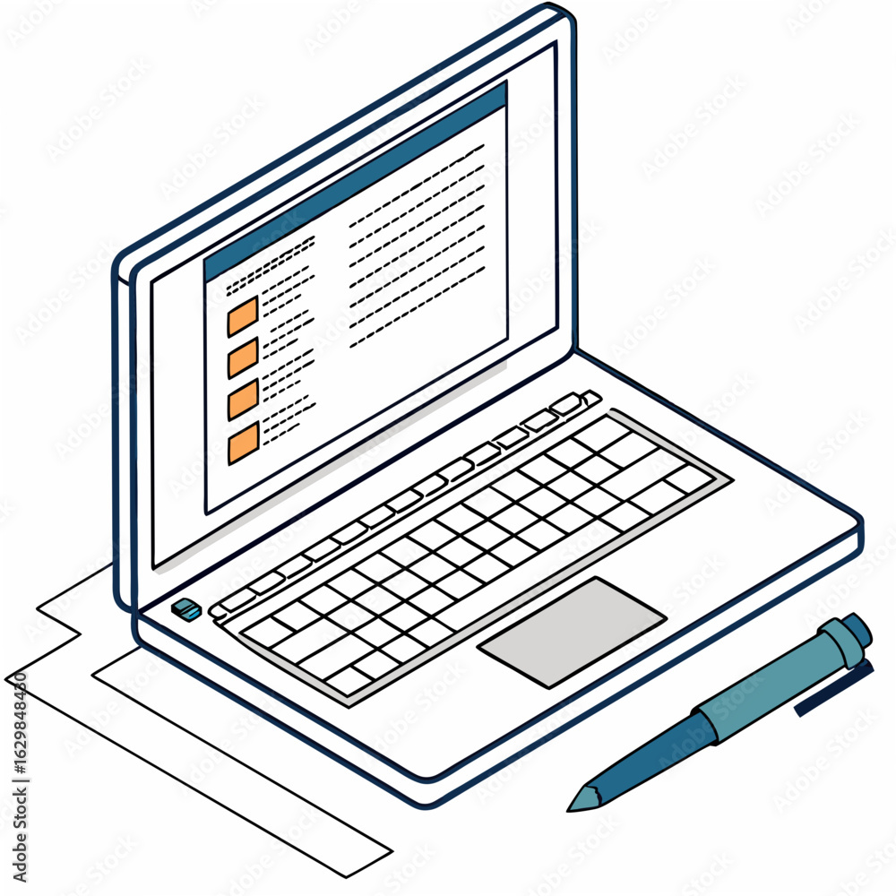 Poster isometric illustration of a laptop with a checklist open and a pen on a white background computer te