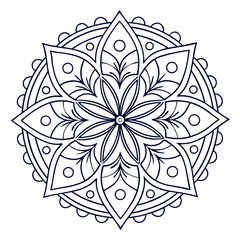 Fototapeta premium Intricate dark blue line art mandala with floral petal shapes and circles on a white background symmetrical
