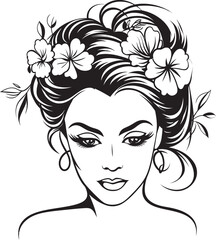 Woman Face and Flower Garland Vector Black Logo Design Detailed Woman Face with Floral Highlights Vector Logo