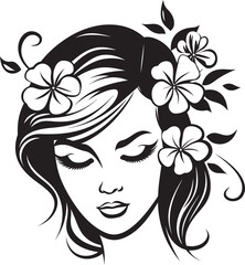 Stylized Woman Face with Flower Embellishments Vector Icon Woman Face and Flower Garland Vector Black Logo Design