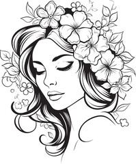 Woman Face in Floral Frame Vector Black Logo Icon Elegant Woman Face with Flower Border Vector Logo Design