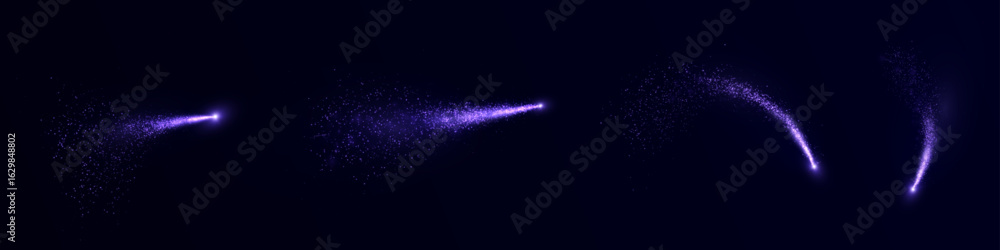 Poster set of glowing purple comet streams with shimmering particles. vector design element of magic effect
