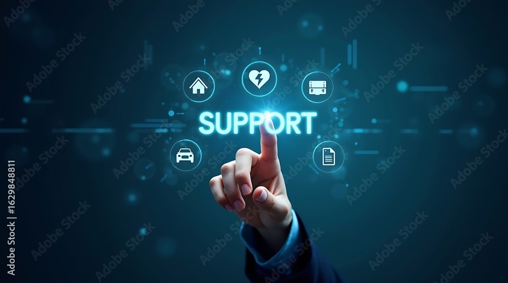 Poster hand-touching-virtual-screen-with-support-service-icons-blue-background-text-support