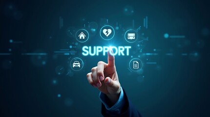 hand-touching-virtual-screen-with-support-service-icons-blue-background-text-support