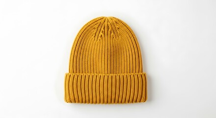 A warm yellow ribbed knit beanie hat isolated on a plain white background