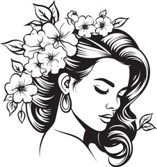Feminine Face and Flower Wreath Vector Black Logo Black Design Logo of Woman Face with Botanical Details