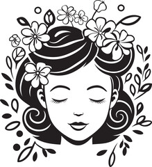 Vector Black Logo Featuring Woman Face with Flower Decor Woman Face and Artistic Flowers Vector Black Design Logo