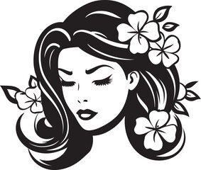 Delicate Flower Decor Around Woman Face Vector Logo Woman Face with Petal Crown Vector Black Design Logo