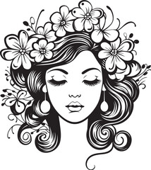 Elegant Woman Face Surrounded by Flowers Vector Icon Artistic Woman Face with Blossoming Florals Vector Black Logo