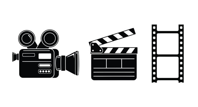 Vector illustration of illustration of film production icons camera, clapperboard, and film reel isolated on white background