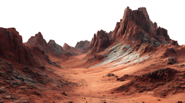 Martian landscape with red sand and rocky hills, isolated on white