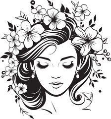 Woman Face with Stylized Flower Adornments Vector Logo Artistic Woman Face and Flower Border Vector Black Design