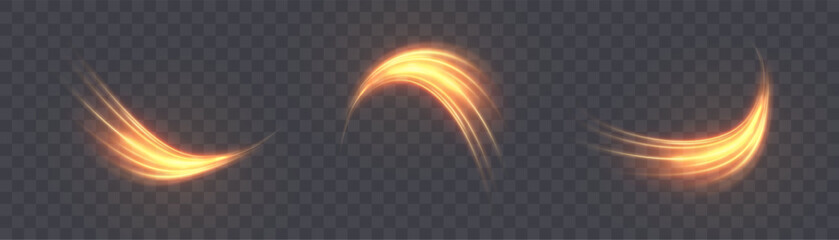 A set of glowing fire traces reminiscent of the effect of grinding or cutting metal. Bright light effect on a transparent background. © MAKSYM