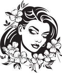 Artistic Woman Face Surrounded by Flowers Vector Black Icon Black Design Logo of Woman Face with Flower Elements