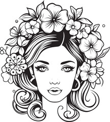 Feminine Face in Artistic Flower Frame Vector Black Logo Woman Face with Detailed Floral Pattern Vector Logo