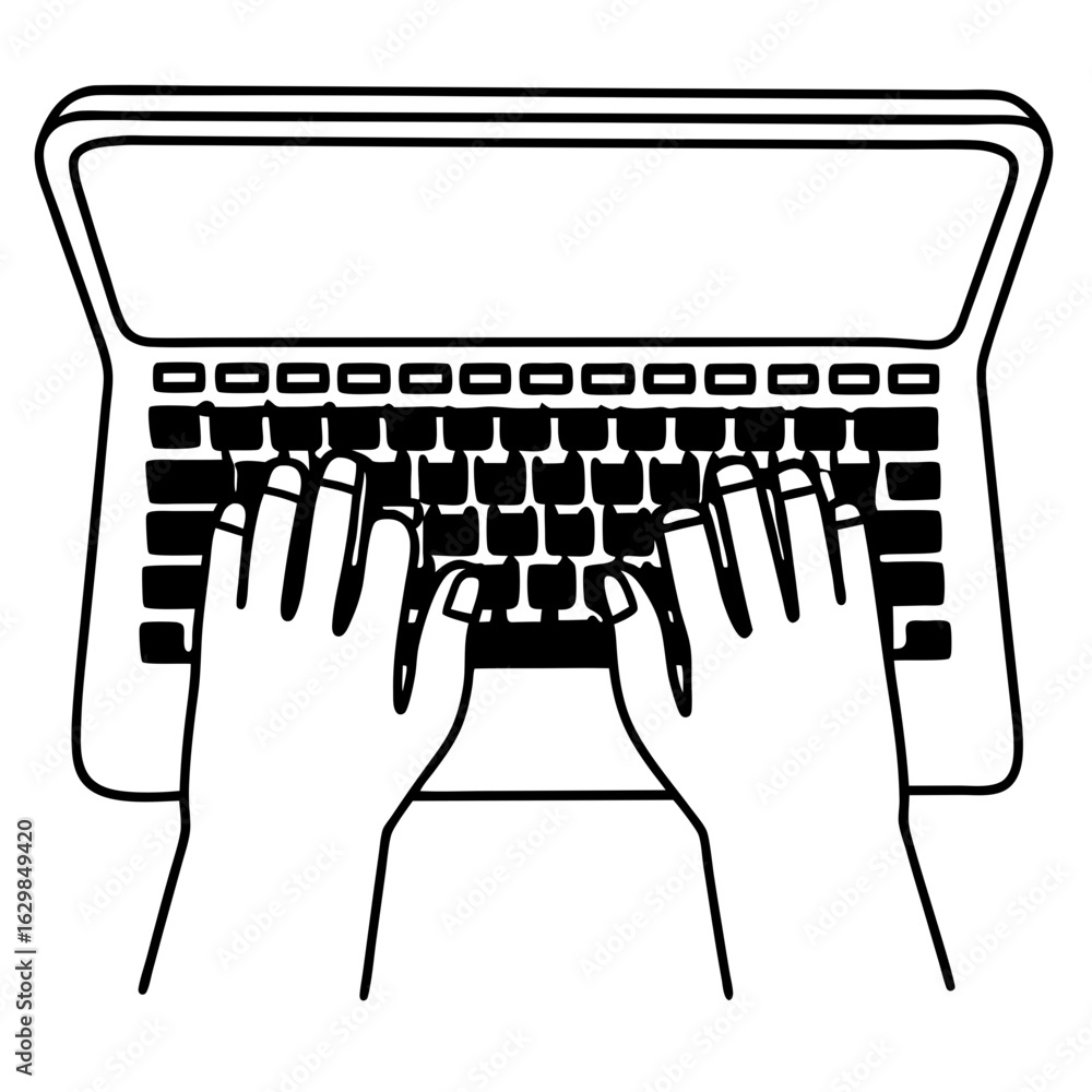 Poster overhead view of hands typing on a laptop keyboard with a simple outline style on a white background