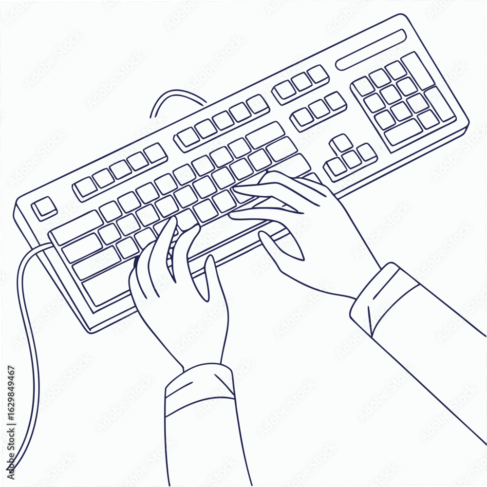 Poster outline of hands typing on a computer keyboard with a cable technology