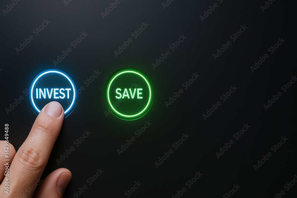 Poster invest button and save button glowing on black background with finger pressing invest for quality fi