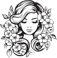 Feminine Portrait with Artistic Flowers Vector Black Logo Woman Face and Blossoming Accents Vector Black Design