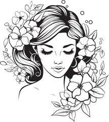 Woman Face and Blossoming Accents Vector Black Design Black Vector Logo of Woman Face with Floral Frame