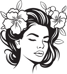 Woman Face in Flower Garland Vector Black Logo Icon Feminine Portrait with Artistic Flowers Vector Black Logo