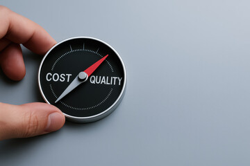 Hand holds round gauge balancing cost and quality with red needle pointing to quality symbolizing balance between cost and quality