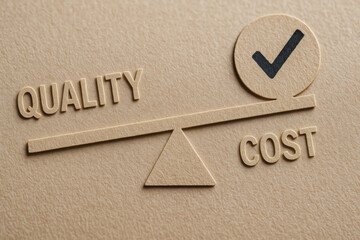 Quality cost balance concept with seesaw and check mark symbol on textured paper background