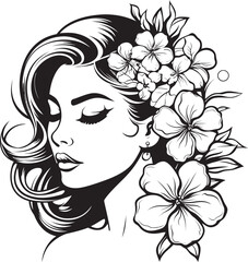 Artistic Woman Face with Flower Accents Vector Black Logo Woman Face in Flowered Circle Vector Black Icon