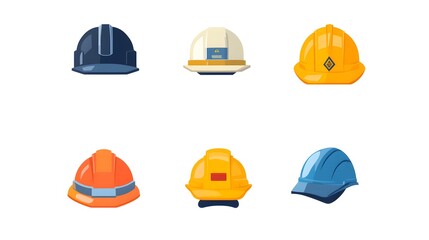 Digital illustration depicts three construction helmets: orange, yellow, and blue.