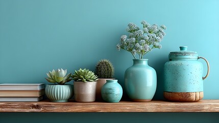 three vases are sitting on a shelf next to a book