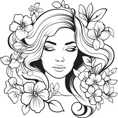 Woman Face and Petal Embellishments Vector Black Logo Feminine Portrait with Flower Accents Vector Black Design