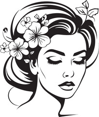 Black Design Logo of Woman Face with Floral Adornments Woman Face and Petal Embellishments Vector Black Logo