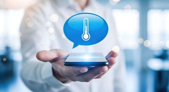 Close Up of Hand Holding Smartphone with Floating Thermometer Icon in Blue Chat Bubble Against Blurred Background