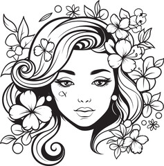 Artistic Woman Face and Floral Motif Vector Black Icon Feminine Face with Floral Surroundings Vector Black Design