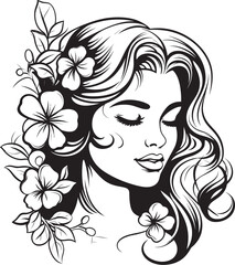 Feminine Face with Floral Surroundings Vector Black Design Woman Face and Petal Arrangement Vector Black Logo Icon
