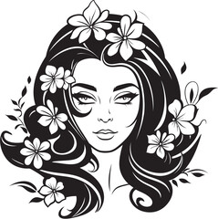 Black Design Logo of Woman Face Embellished with Flowers Artistic Woman Face and Floral Motif Vector Black Icon