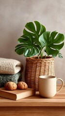 a plant in a basket next to a cup and a book on a