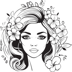 Black Design Logo of Woman Face with Flower Trim Woman Face and Artistic Flower Border Vector Black Icon