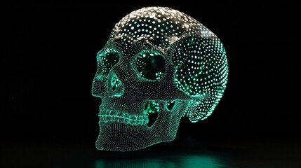 Translucent human skull in complete darkness illuminated by bioluminescent neural networks pulsing within, symbolizing artificial intelligence, consciousness, and futuristic brain interface technology