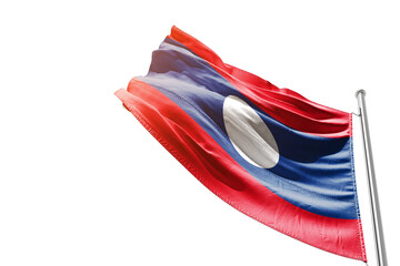 Laos national flag waving on white background with cutout path. A flag with mast on isolated background with clipping mask. Laos national flag for independence day.