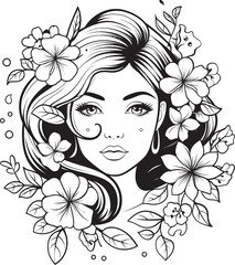Woman Face Surrounded by Artistic Florals Vector Logo Black Vector Logo of Woman Face with Flower Details