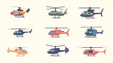 Digital illustration of nine stylized, flat-design helicopters in different colors and shades.