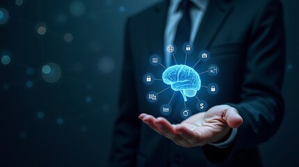 Businessman presenting ai brain concept 