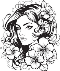 Artistic Woman Face with Floral Crown Vector Black Logo Black Vector Emblem of Woman Face with Blossoms