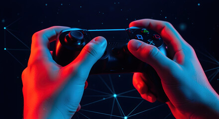 Close Up of Hands Holding Black Game Controller Illuminated by Red and Blue Neon Lighting Overlaid with a Digital Network