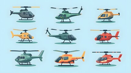 Digital illustration showcases nine stylized helicopters in green and orange, presented in a vector art style.