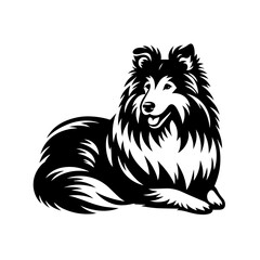 Obraz premium Black and white illustration of a sheltie dog lying down isolated on white background