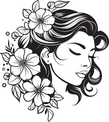 Woman Face Surrounded by Floral Motif Vector Black Logo Elegant Woman Face and Artistic Flowers Vector Black Design
