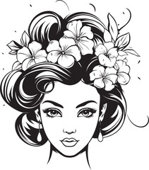 Black Vector Logo Featuring Woman Face and Botanical Trim Feminine Face with Petal Elements Vector Black Icon