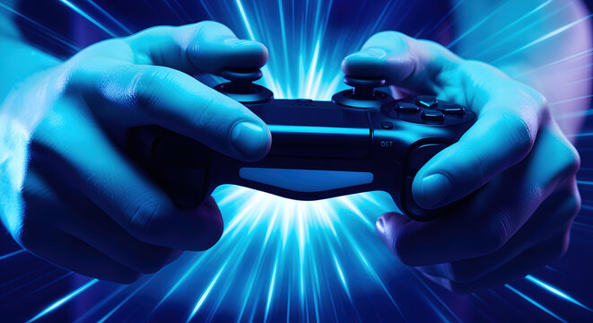 Close Up of Hands Holding Game Controller Under Blue Lighting with Motion Blur Background